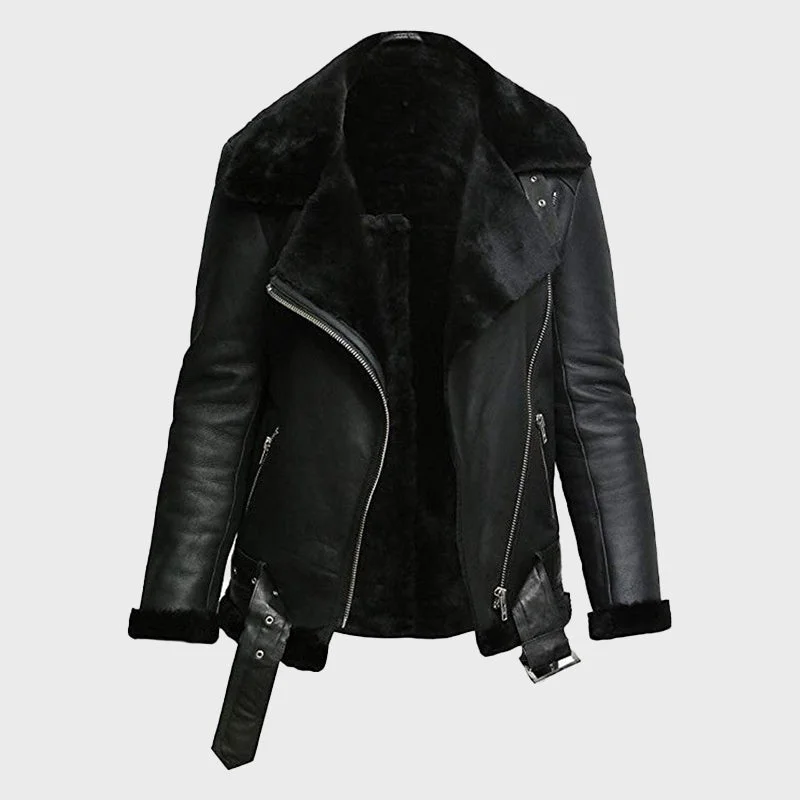 Women's Black Real Sheepskin Leather Flying Jacket One-Shoulder Jacket Off-the-Shoulder Jacket Asymmetrical Jacket Women's Black Real Sheepskin Leather Flying Jacket One-Shoulder Jacket Off-the-Shoulder Jacket Asymmetrical Jacket