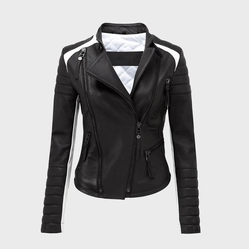 Women's Black & White Sheepskin Biker Leather Jacket Print Jacket Jacquard Jacket Patchwork Jacket Women's Black & White Sheepskin Biker Leather Jacket Print Jacket Jacquard Jacket Patchwork Jacket
