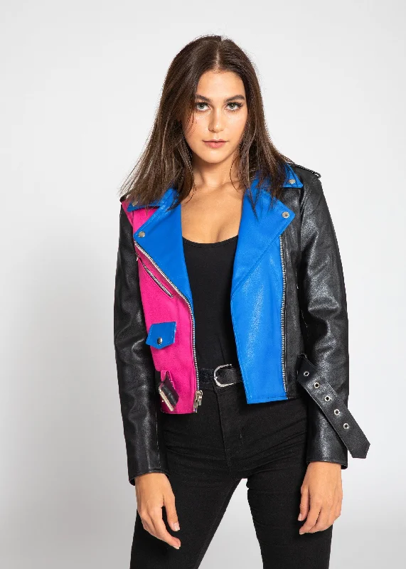 Women's Block Print Moto Style Faux Leather Jacket - Pink/Blue Rayon Fabric Velvet Fabric Corduroy Fabric Women's Block Print Moto Style Faux Leather Jacket - Pink/Blue Rayon Fabric Velvet Fabric Corduroy Fabric