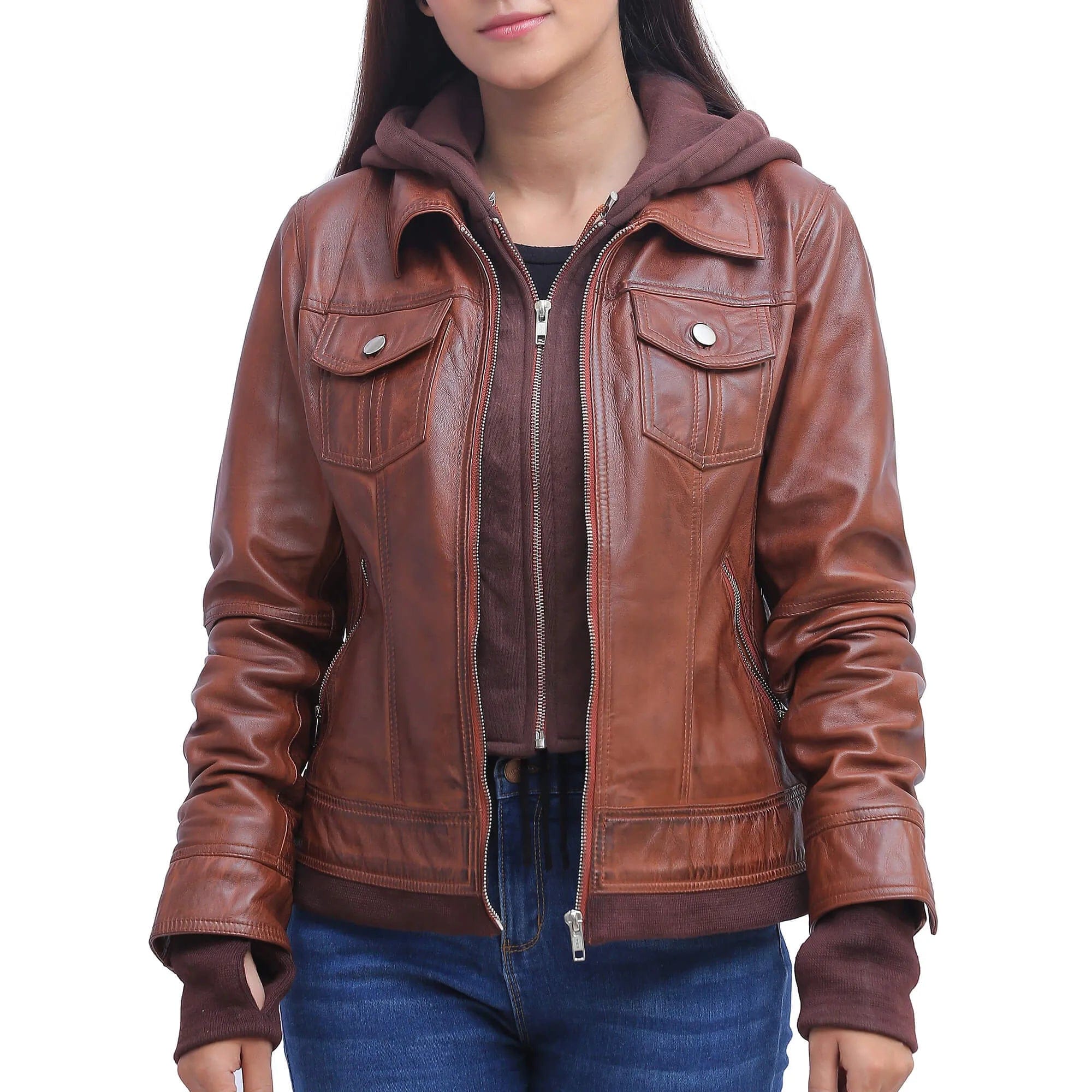 Womens Brown Leather Jacket With Hood Jacket Blazer Coat