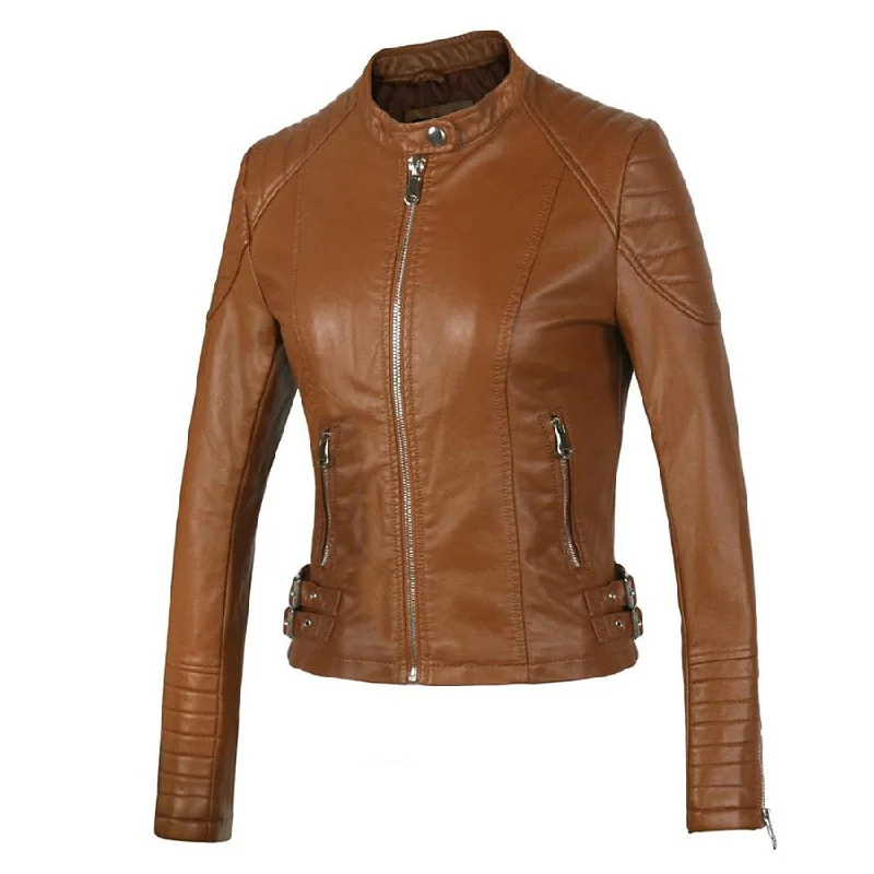 Women's Brown Motorcycle Leather Jacket Jersey Jacket Tulle Jacket Batik Jacket