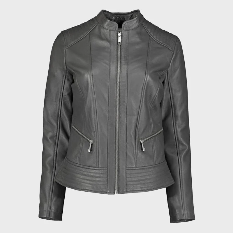 Women's Charcoal Grey Leather Biker Jacket Cotton Jacket Linen Jacket Terry Jacket