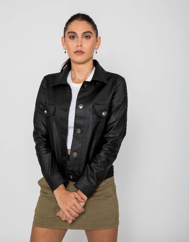 Women's Chloe Trucker PU Faux Leather Jacket Front Pockets Side Pockets Patch Pockets Women's Chloe Trucker PU Faux Leather Jacket Front Pockets Side Pockets Patch Pockets