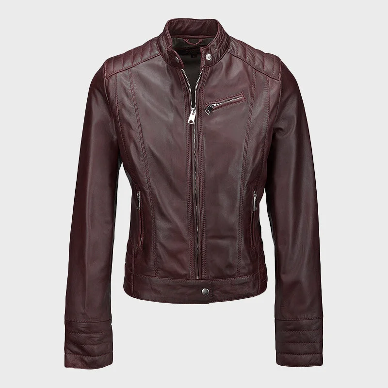 Women's Essen Burgundy Biker Leather Jacket Front Pockets Side Pockets Patch Pockets Women's Essen Burgundy Biker Leather Jacket Front Pockets Side Pockets Patch Pockets
