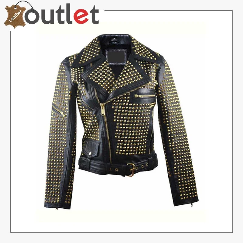 Womens Full Golden Studded Leather Jacket Insulated Jacket Fitted Jacket Loose Jacket Womens Full Golden Studded Leather Jacket Insulated Jacket Fitted Jacket Loose Jacket