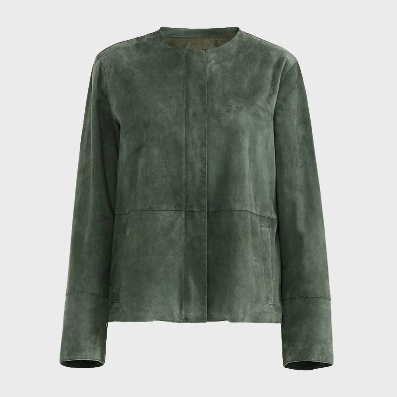 Women's Green Suede Leather Jacket Cotton Fabric Linen Fabric Terry Fabric