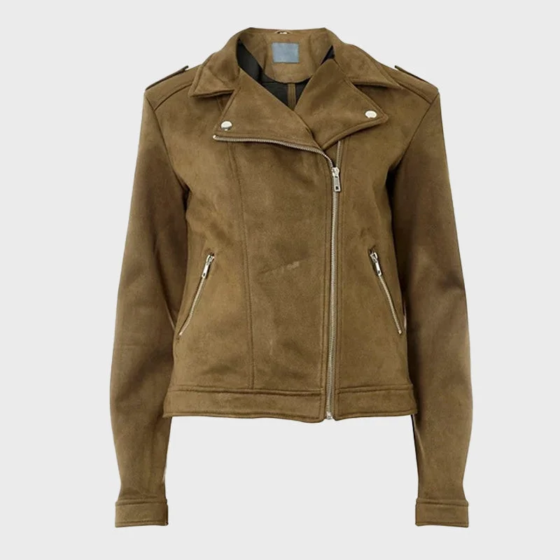 Women's Khaki Suede Biker Jacket Satin Jacket Silk Jacket Chiffon Jacket