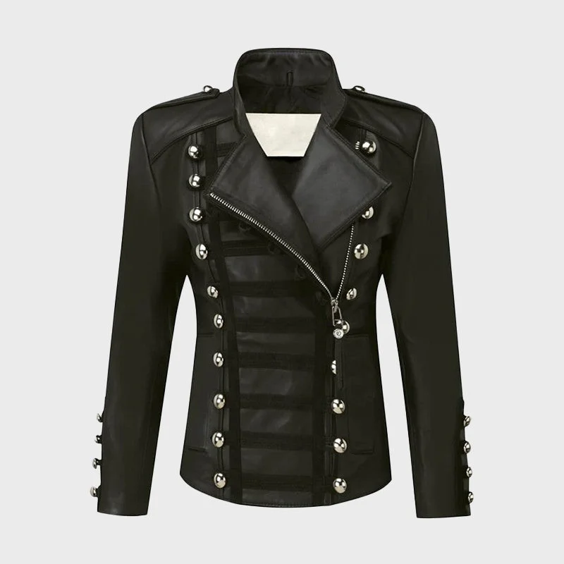 Women's Napoleon Black Biker Sheepskin Leather Jacket Welt Pockets Slit Pockets Flap Pockets Women's Napoleon Black Biker Sheepskin Leather Jacket Welt Pockets Slit Pockets Flap Pockets