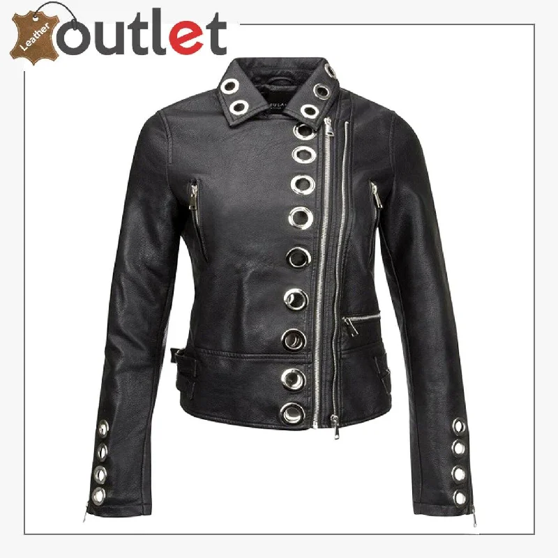 Womens Real Black Leather Studded Eyelet Jacket Toggled Jacket Drawstring Jacket Belted Jacket Womens Real Black Leather Studded Eyelet Jacket Toggled Jacket Drawstring Jacket Belted Jacket