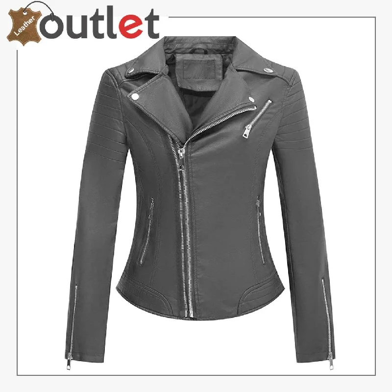 Womens Studded Leather Moto Biker Jacket Boat Neck Shawl Collar Notched Collar