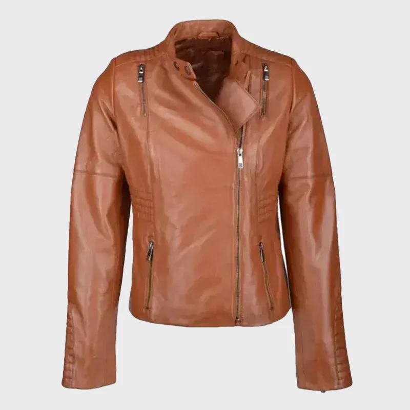 Women's Tan Biker Style Leather Jacket Hoodie Zip-Up Jacket Button-Up Jacket