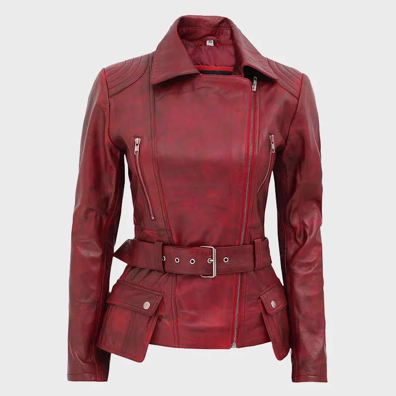 Women's Victoria Maroon Leather Biker Jacket Satin Fabric Silk Fabric Chiffon Fabric Women's Victoria Maroon Leather Biker Jacket Satin Fabric Silk Fabric Chiffon Fabric