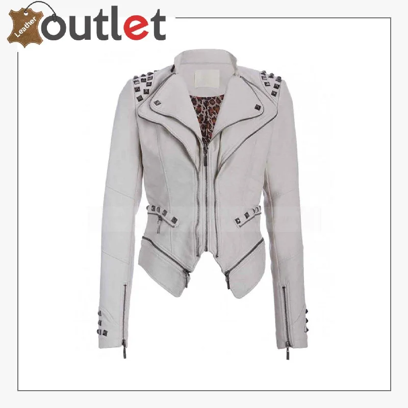 Womens White Studded Punk Leather Jacket Tiered Jacket Buttoned Jacket Zippered Jacket Womens White Studded Punk Leather Jacket Tiered Jacket Buttoned Jacket Zippered Jacket