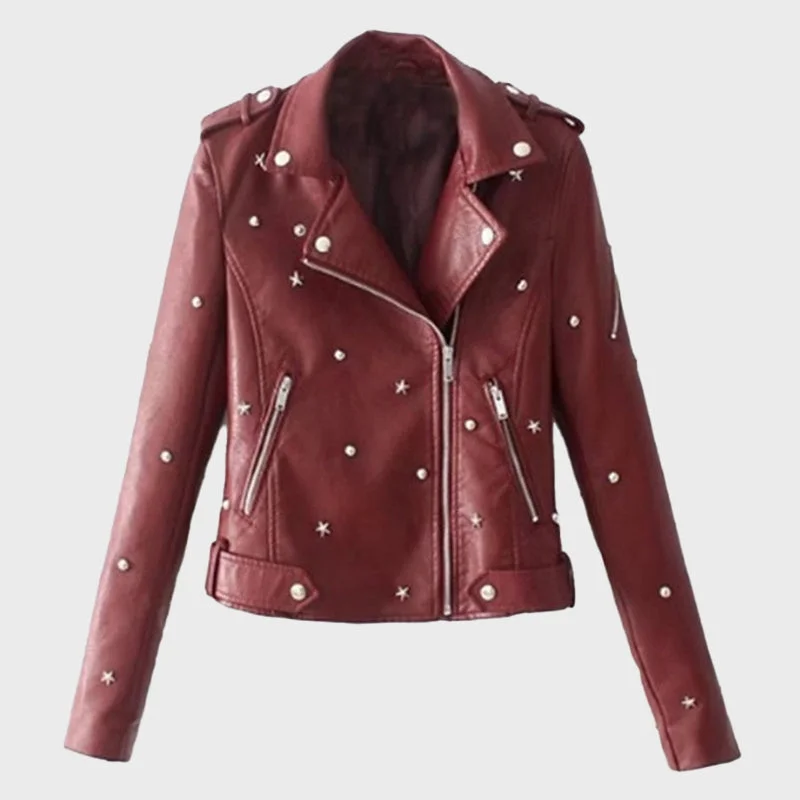 Women's Winter Leather Biker Jacket Satin Fabric Silk Fabric Chiffon Fabric