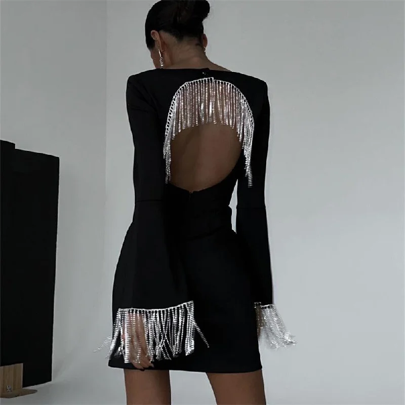 Party Time Diamond Chain Backless Mini Dress Trendy Button-Detail Mini Dress