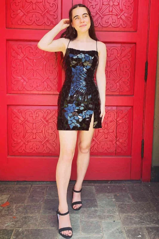 Straps Black Cut Glass Mirror Mini Dress Comfortable Polka Dot Mini Dress