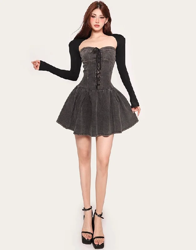 Benson Denim Grey Lace Up Sleeveless Pleated Jeans Mini Dress Elegant Sequin Mini Dress Benson Denim Grey Lace Up Sleeveless Pleated Jeans Mini Dress Elegant Sequin Mini Dress