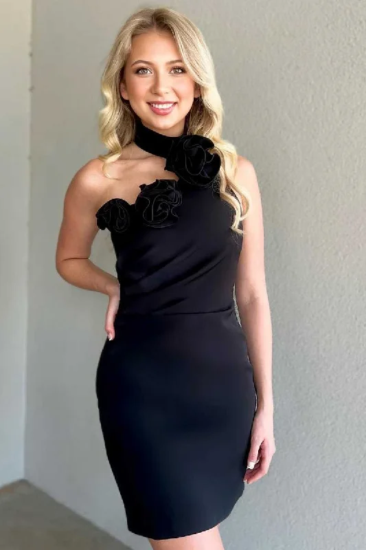 Black Halter Rosette Fitted Mini Dress Comfortable Casual Mini Dress