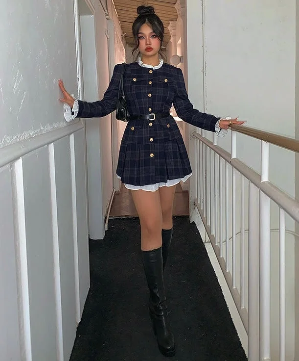 Dulce Plaid Long Sleeve Button Up Pleated Mini Dress Classic Solid Mini Dress