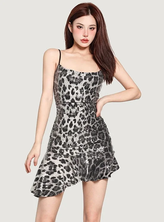Estella Sequined Grey Leopard Print Asymmetrical Slim Mini Dress Stylish Button-Down Mini Dress Estella Sequined Grey Leopard Print Asymmetrical Slim Mini Dress Stylish Button-Down Mini Dress