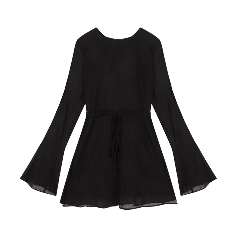 Fiona Solid Color Black Long Sleeve Backless Round Neck Pleated Mini Dress Classic Striped Mini Dress Fiona Solid Color Black Long Sleeve Backless Round Neck Pleated Mini Dress Classic Striped Mini Dress
