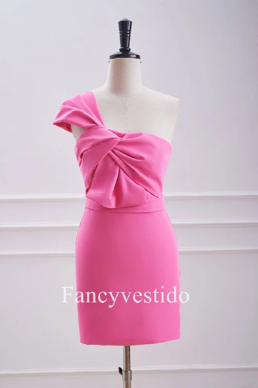 Fitted One Shoulder Twist Hot Pink Knot Mini Dress Classic Solid Mini Dress