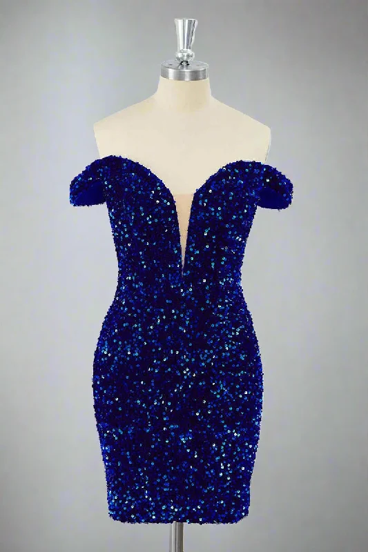 Fitted Royal Blue Off-the-Shoulder Sequin Mini Dress Stylish Short Sleeve Mini Dress