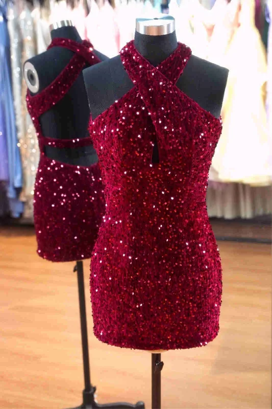 Halter Cross Straps Burgundy Sequin Mini Dress Comfortable Zip-Up Mini Dress