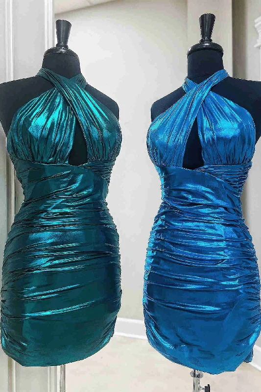 Halter Metallic Green Keyhole Pleated Mini Dress Stylish Sweetheart Neck Mini Dress