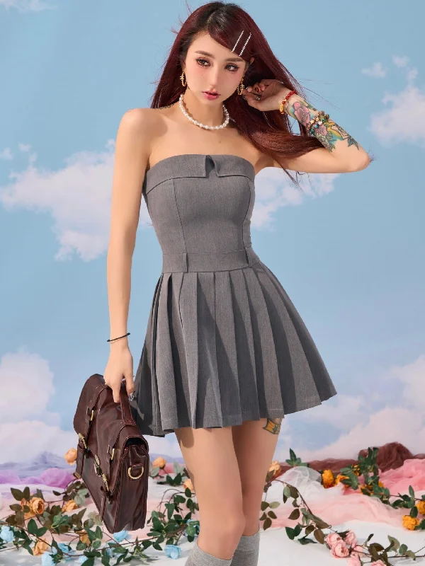 Julianna Solid Color Gray Bandeau Chest Fold Pleated Sleeveless Short Mini Dress Fashionable Summer Mini Dress Julianna Solid Color Gray Bandeau Chest Fold Pleated Sleeveless Short Mini Dress Fashionable Summer Mini Dress