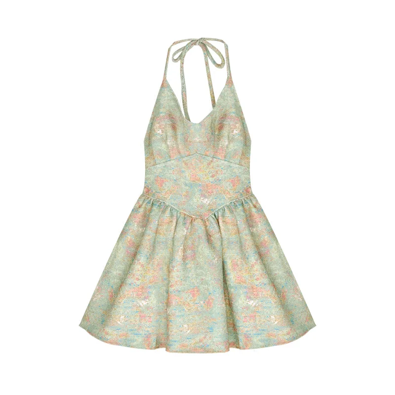 Laura Green Floral Slip V-Neck Small Waist Puffy Pleated Mini Dress Elegant Silk Mini Dress Laura Green Floral Slip V-Neck Small Waist Puffy Pleated Mini Dress Elegant Silk Mini Dress