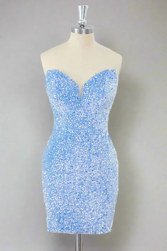 Light Blue Strapless Sequin Mini Dress Elegant Off-Shoulder Dress Mini