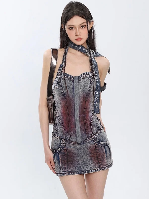 Lily Denim Retro Washed Tie-dye Halter Sleeveless Slim Mini Dress Cozy Sweater Mini Dress Lily Denim Retro Washed Tie-dye Halter Sleeveless Slim Mini Dress Cozy Sweater Mini Dress
