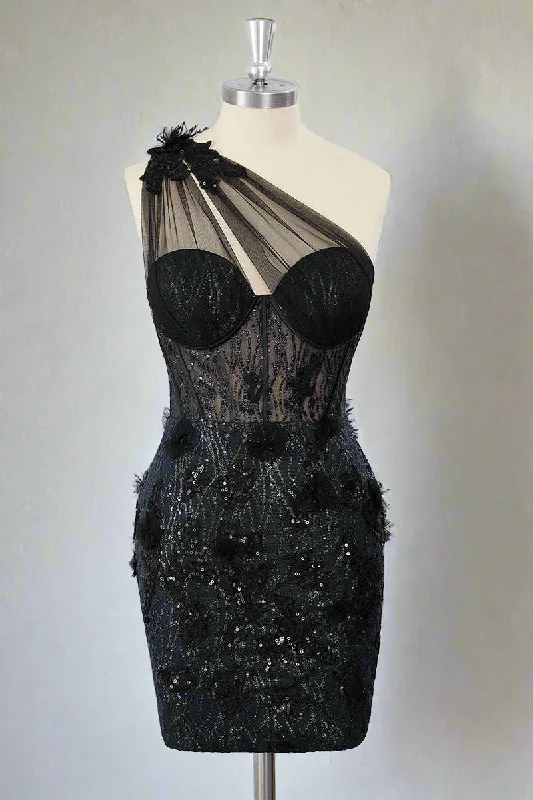 One Shoulder Black Corset Appliques Mini Dress Fashionable Mini Dress with Pockets