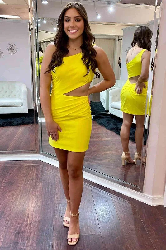 One Shoulder Yellow Side Cutout Mini Dress Trendy A-Line Mini Dress