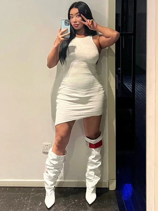Shelly Solid Color Rough Grainy Raw Edge Diagonal Asymmetrical Slim Sleeveless Mini Dress Trendy Off-Shoulder Dress Mini Shelly Solid Color Rough Grainy Raw Edge Diagonal Asymmetrical Slim Sleeveless Mini Dress Trendy Off-Shoulder Dress Mini