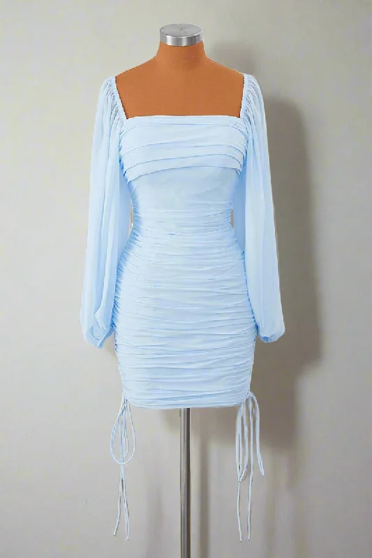 Square Neck Light Blue Long Sleeves Pleated Mini Dress Stylish Sweetheart Neck Mini Dress