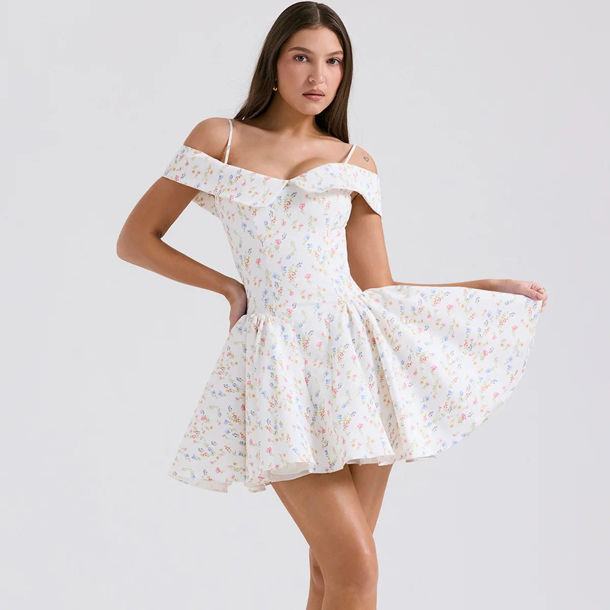White Posy Print Corset Mini Dress Trendy Denim Mini Dress