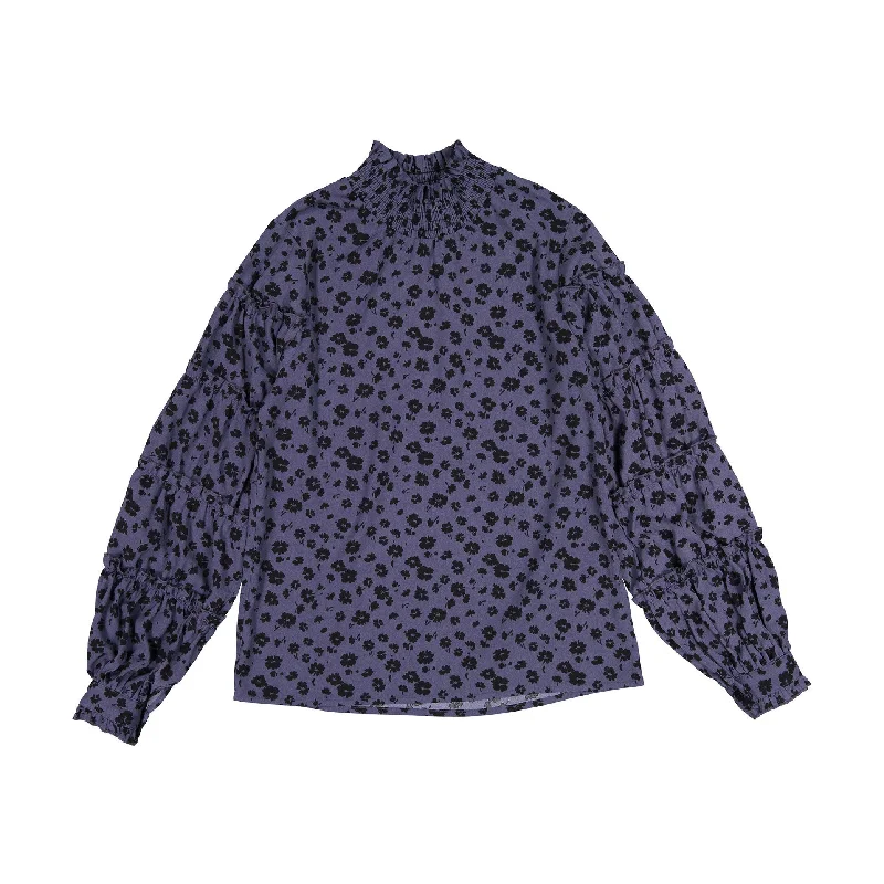Ava and Lu Blue Flowers Allover Blouse Satin Long Blouse