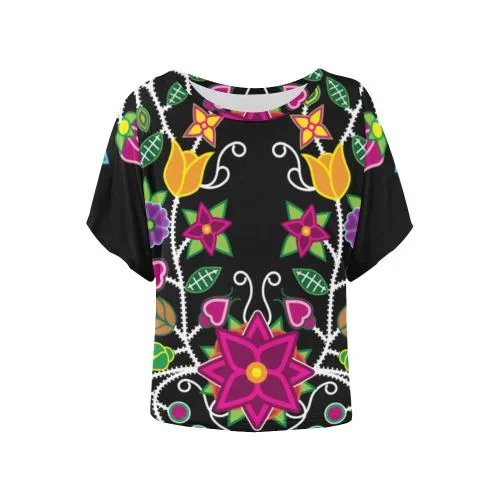 Floral Beadwork-01 Women's Batwing-Sleeved Blouse T shirt Elegant Embroidery Blouse