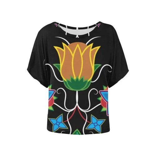 Floral Beadwork-02 Women's Batwing-Sleeved Blouse T shirt Stretchy Fitted Blouse