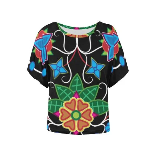 Floral Beadwork-02 Women's Batwing-Sleeved Blouse T shirt Elegant Semi-Sheer Blouse