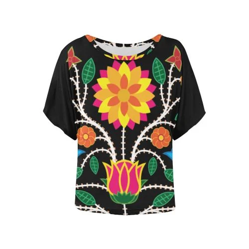 Floral Beadwork-03 Women's Batwing-Sleeved Blouse T shirt Feminine Ruffle Blouse