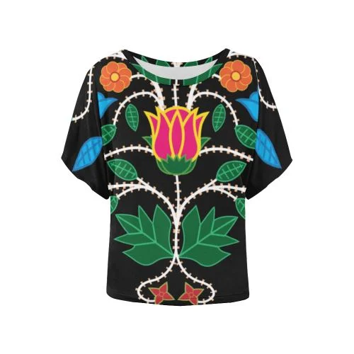 Floral Beadwork-03 Women's Batwing-Sleeved Blouse T shirt Casual Relaxed Fit Blouse
