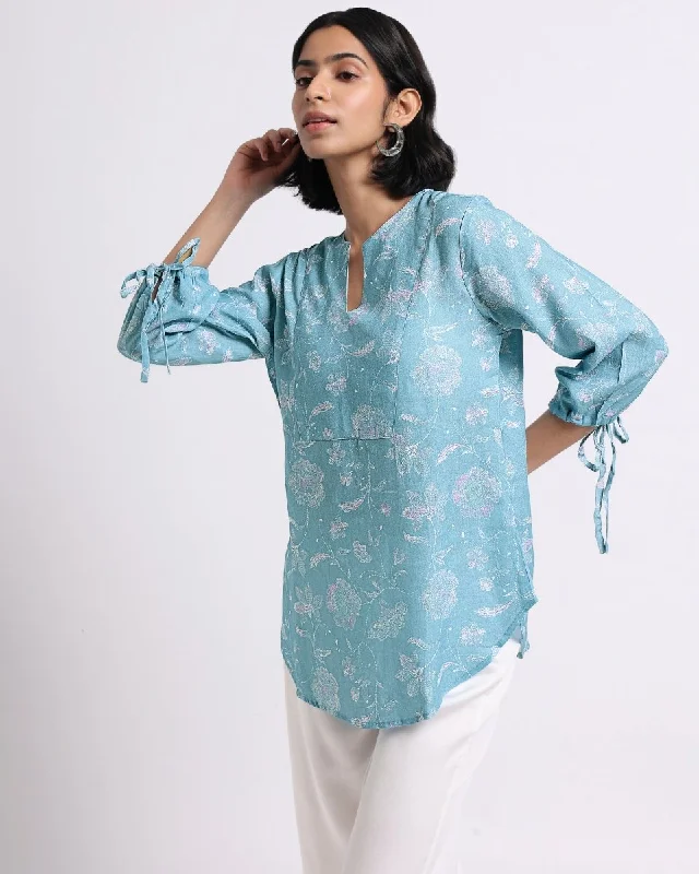 Blue Bloom Print Blouse Chic Square Blouse