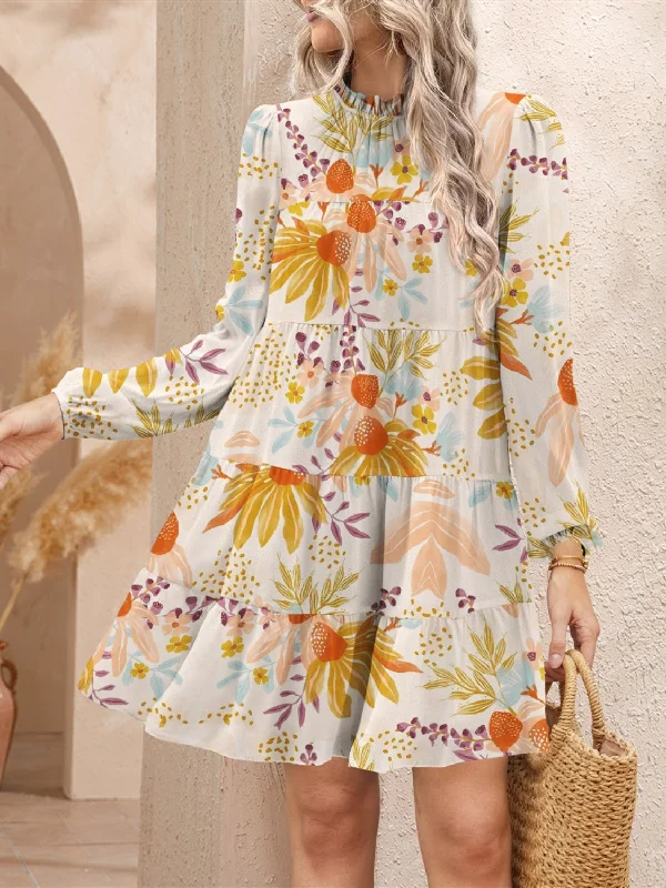 FAM-FAM Tiered Printed Long Sleeve Mini Dress Stylish Short Sleeve Mini Dress