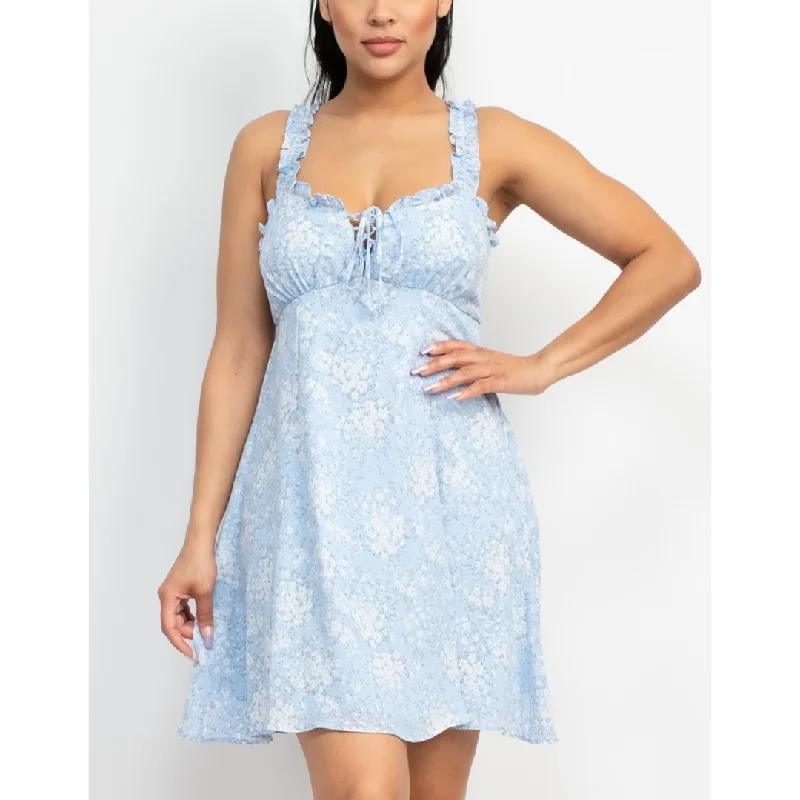 Floral Lace-Up Ruffle Mini Dress - Blue Trendy Crossover Mini Dress