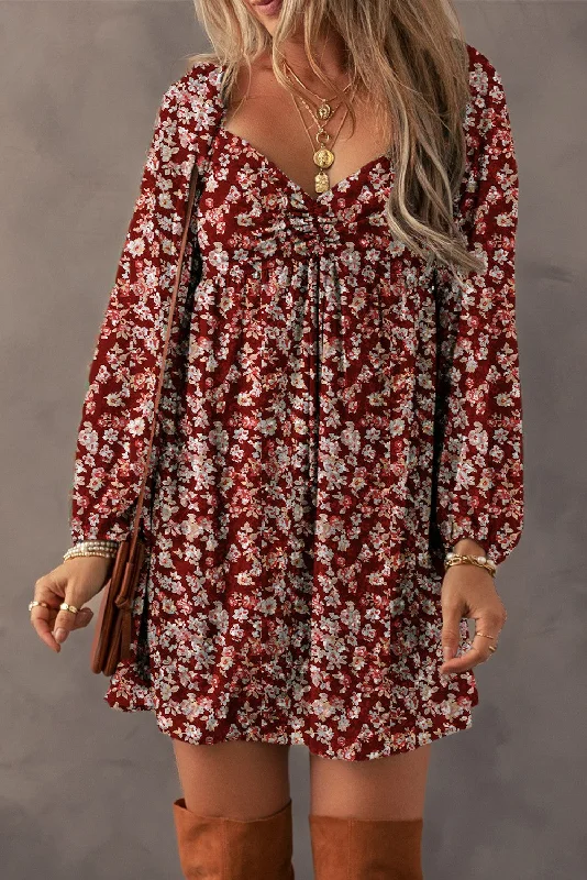 Floral Sweetheart Neck Shirred Back Mini Dress Trendy Tie-Dye Mini Dress