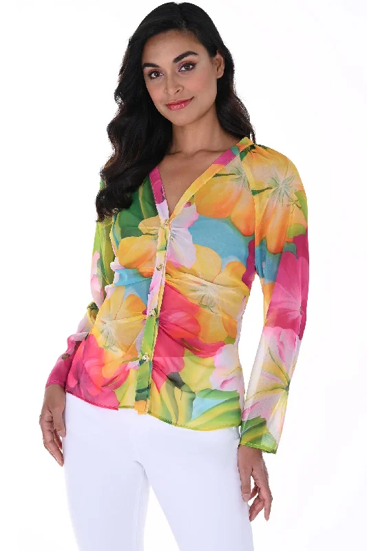 Frank Lyman 246483 Fuschsia Green Floral Print Chiffon Blouse Double Button Blouse