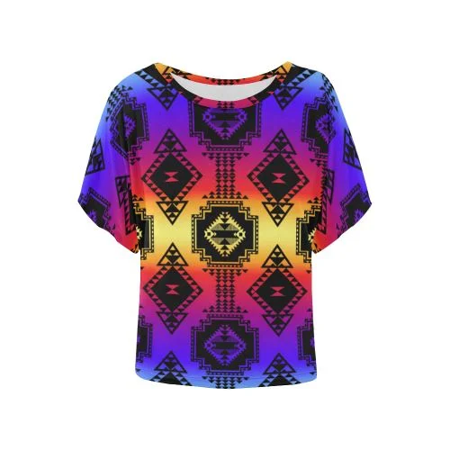 Gathering Sunset Women's Batwing-Sleeved Blouse T shirt Satin Drape Blouse